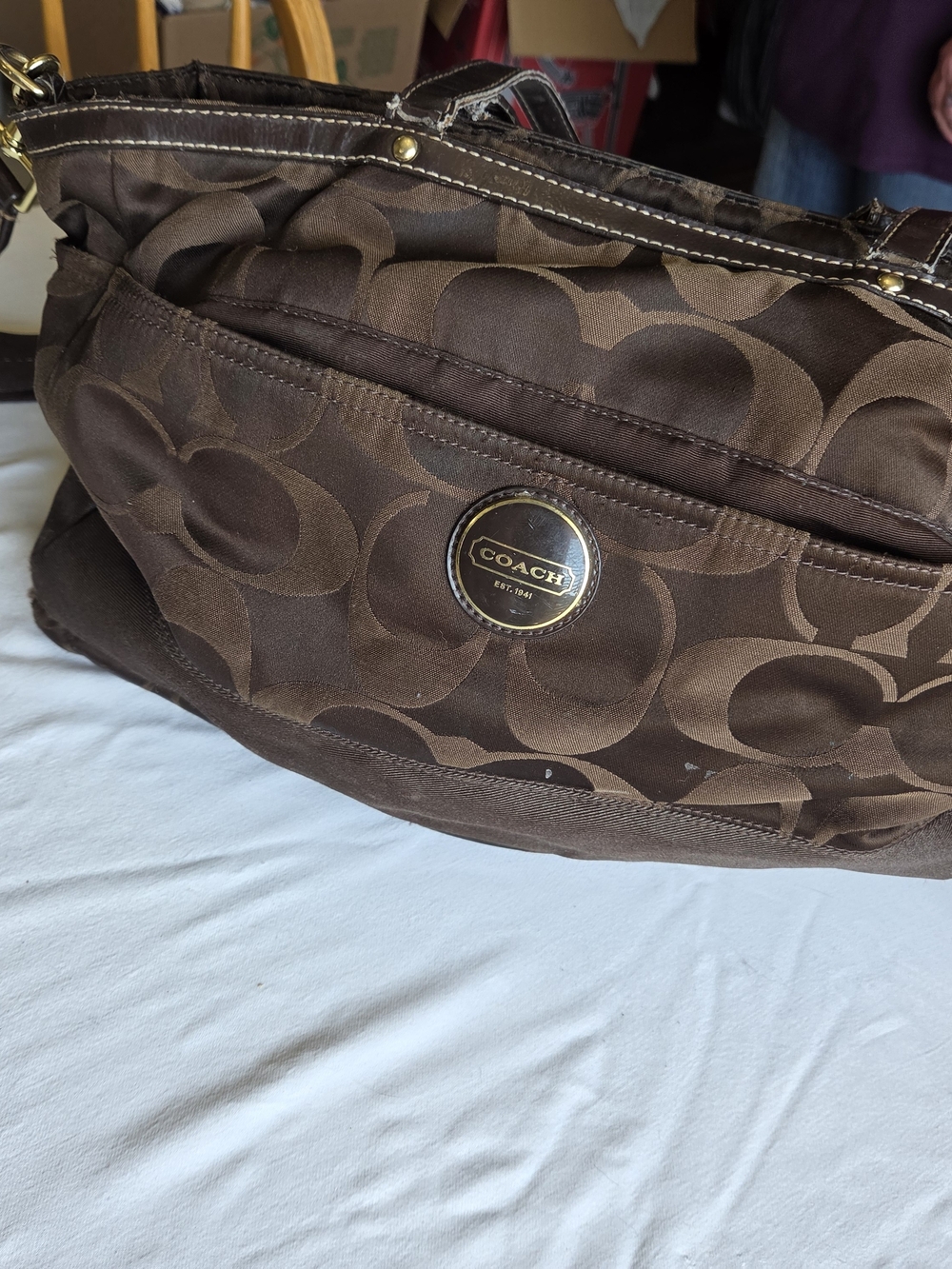 Coach F14661 Leah Signature Brown Shoulder Bag Tote Purse Leather Trim